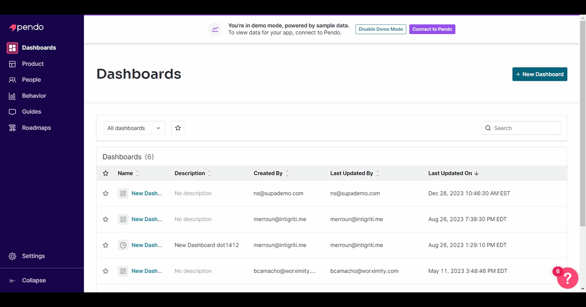 How to create a dashboard in Pendo screenshot