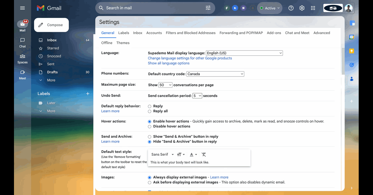 How to extend Gmail undo send window screenshot