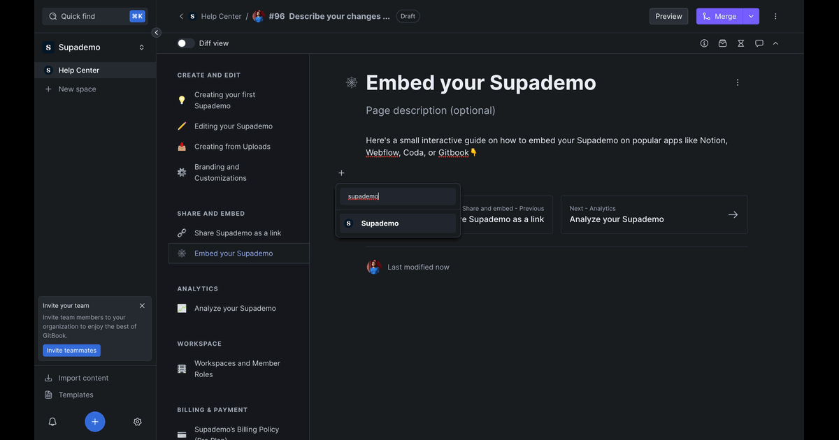How to embed Supademo on Gitbook screenshot