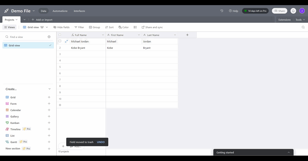 How to add a new field in Airtable screenshot
