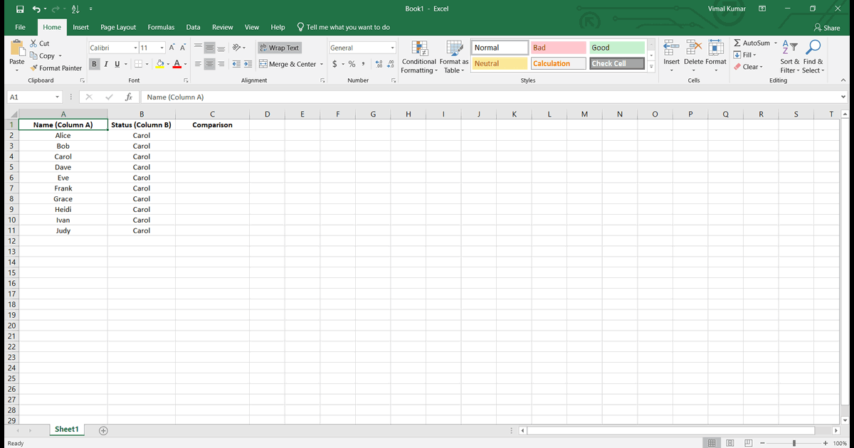 How to Compare Two Columns in Excel screenshot
