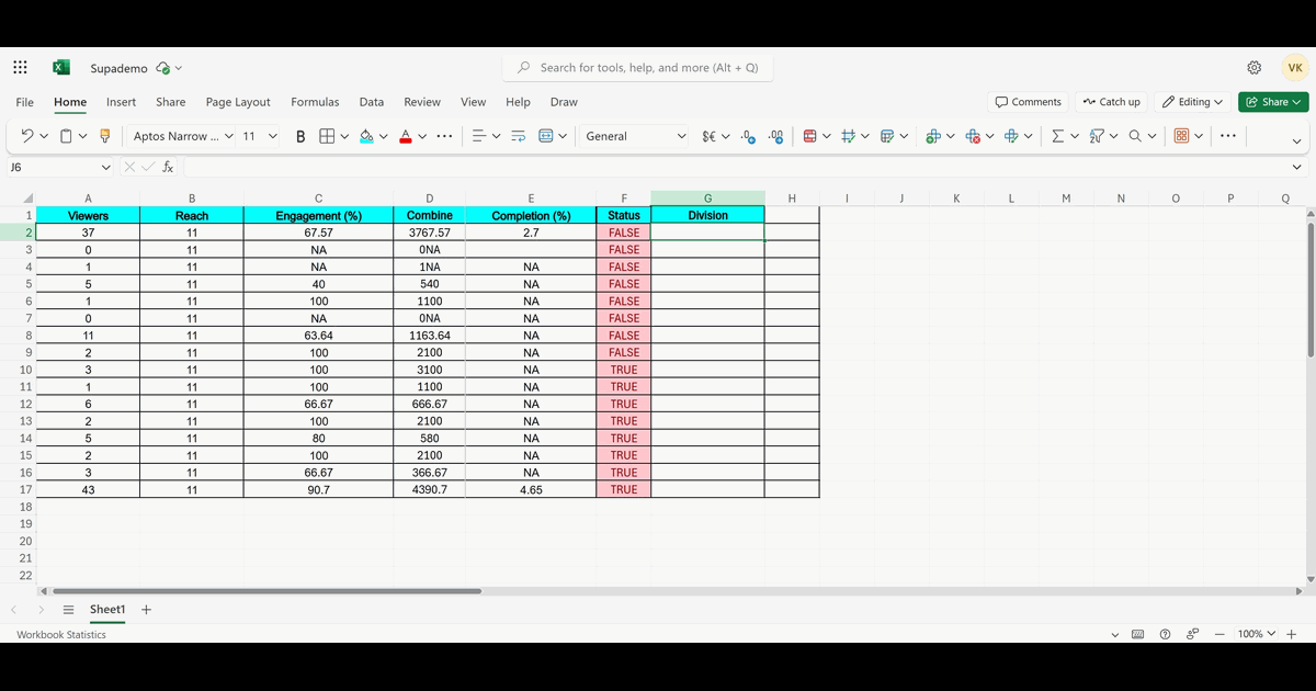 How to Divide in Excel screenshot