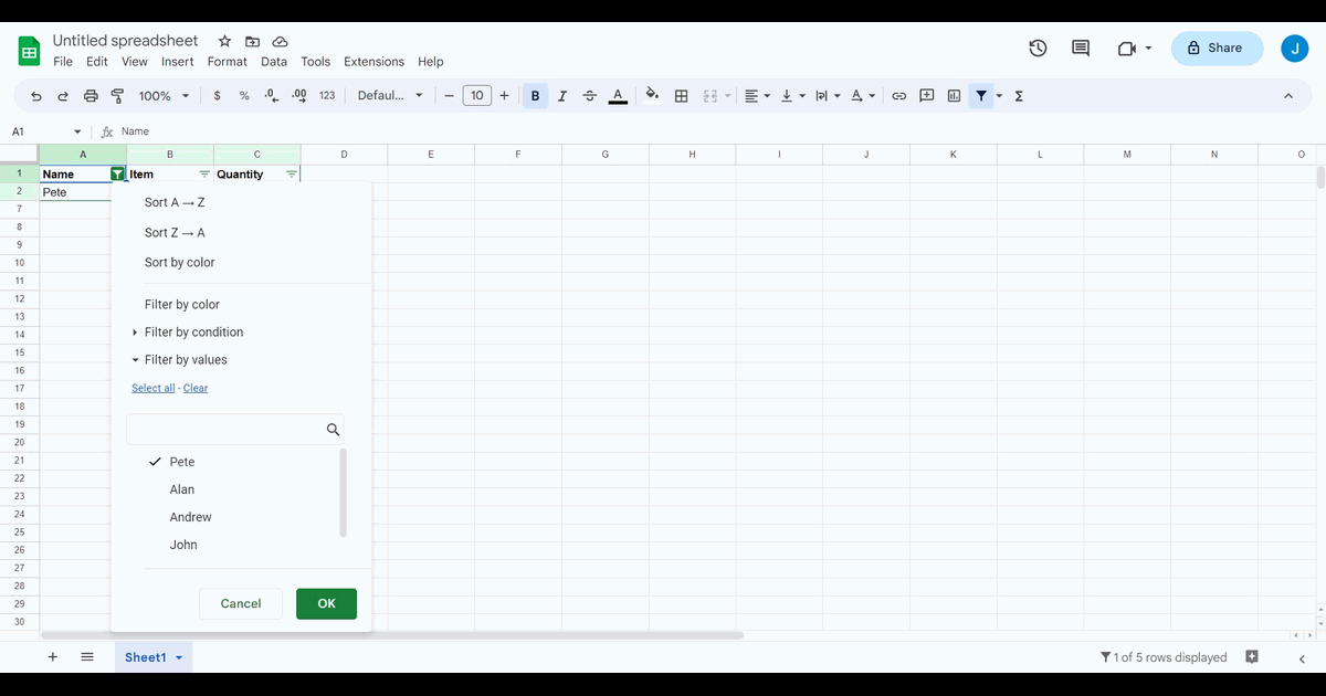 How to remove a filter in Google Sheets screenshot