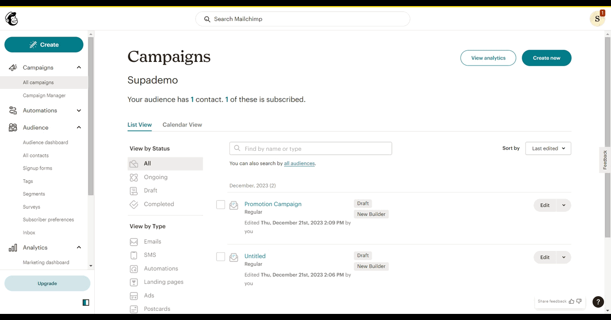 How to create an automation in Mailchimp screenshot