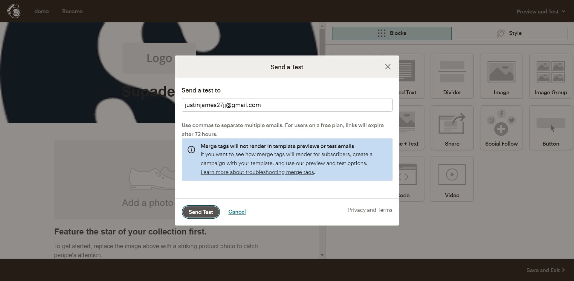 Access the test email option