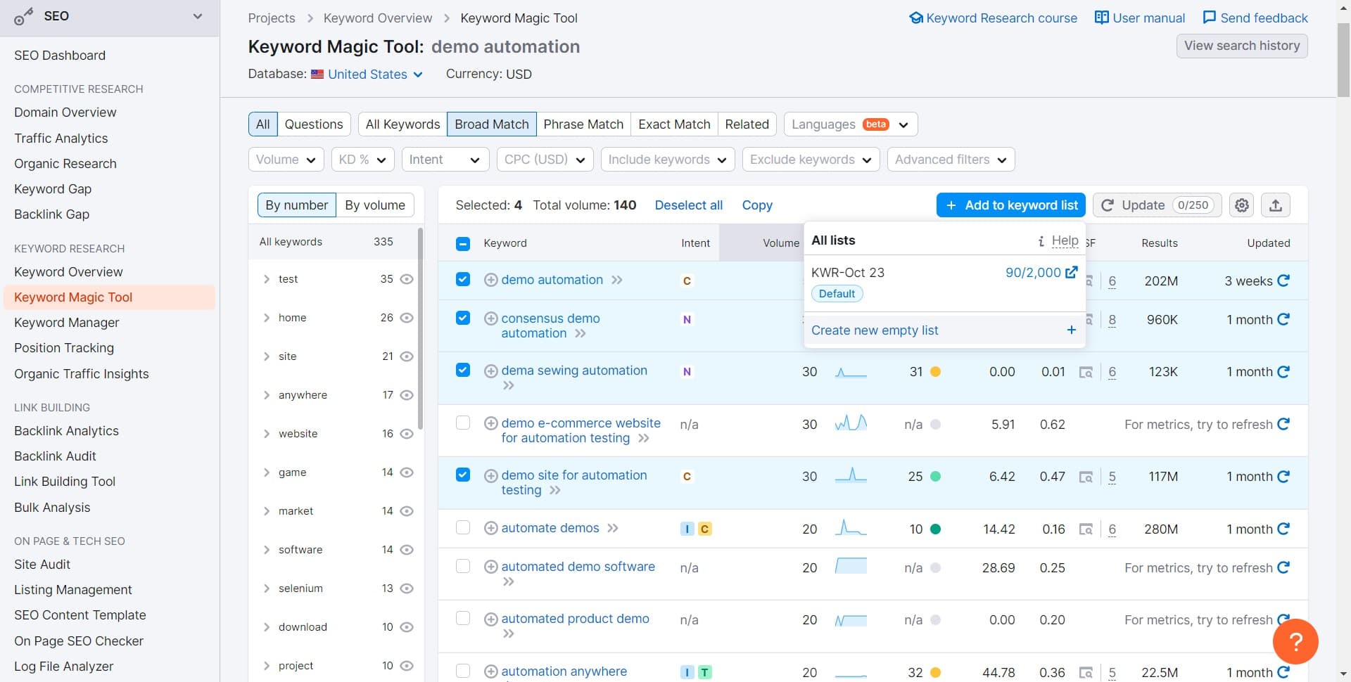 Create a new keyword list