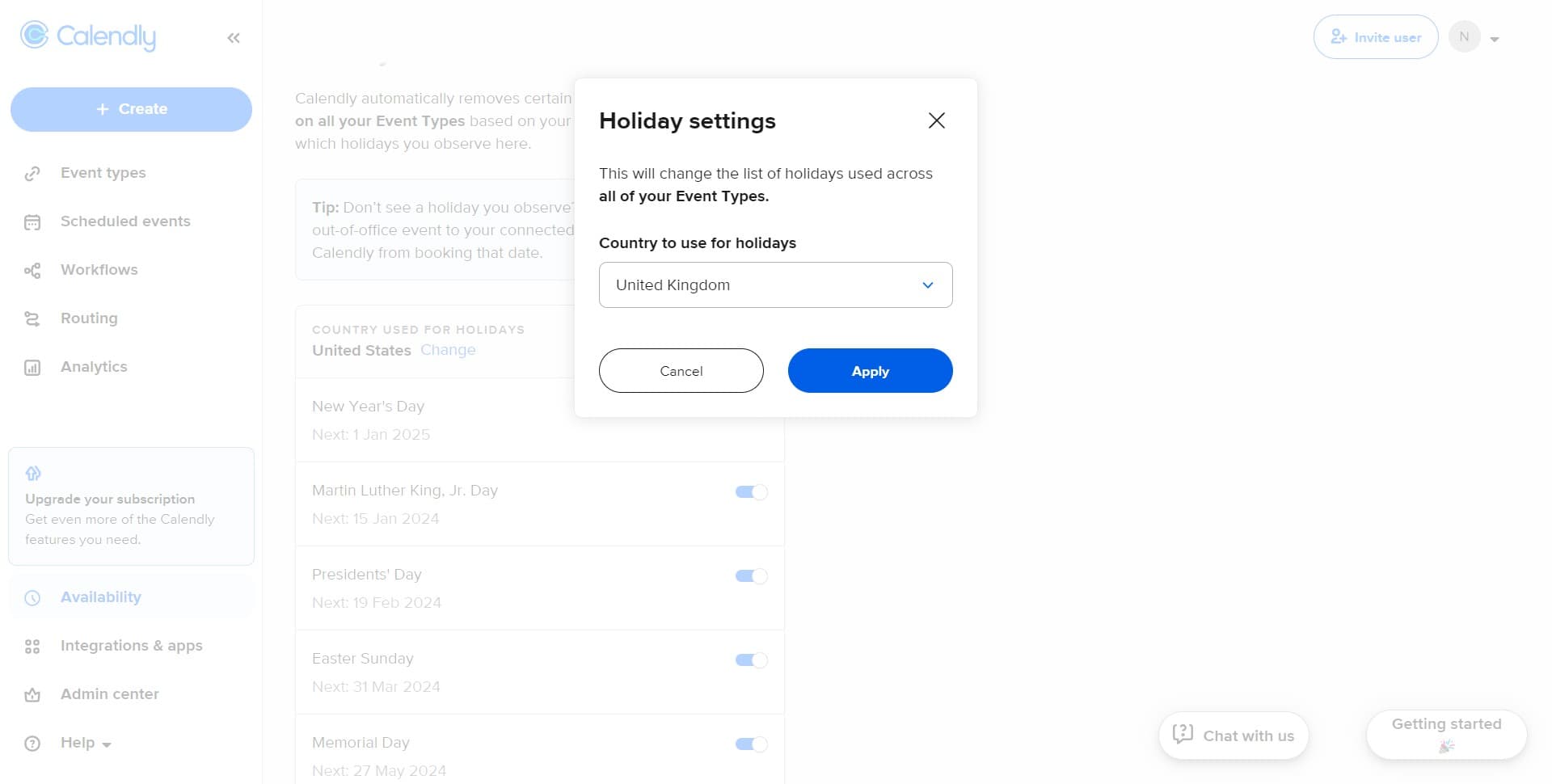 Apply the holiday calendar