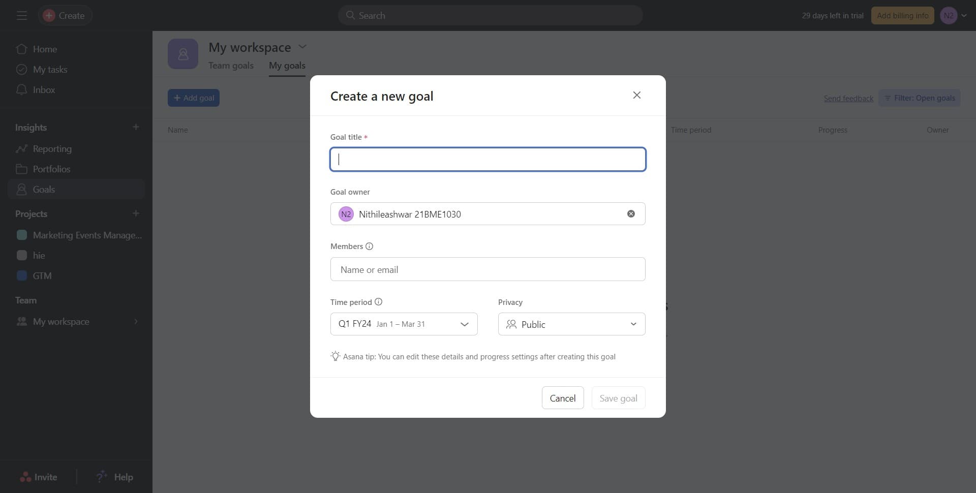 Enter goal details