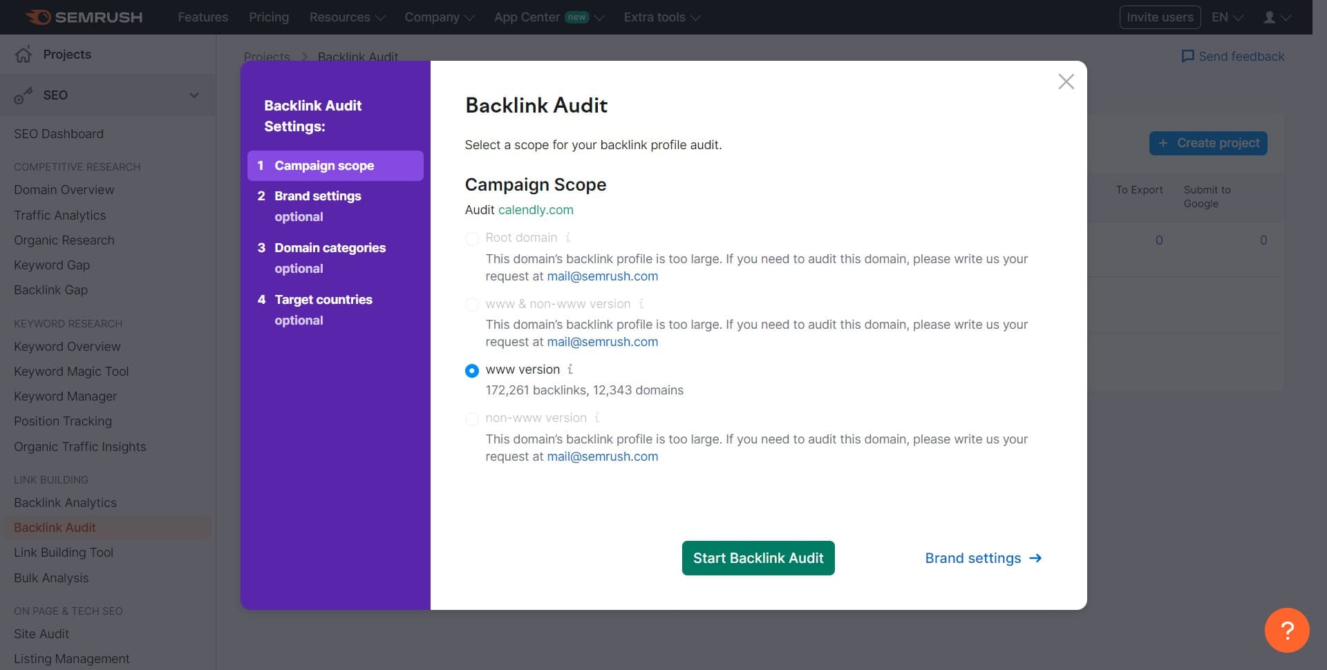 Click on Start Backlink Audit