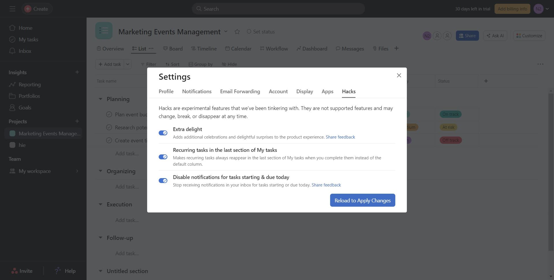 Click Reload to Apply Changes