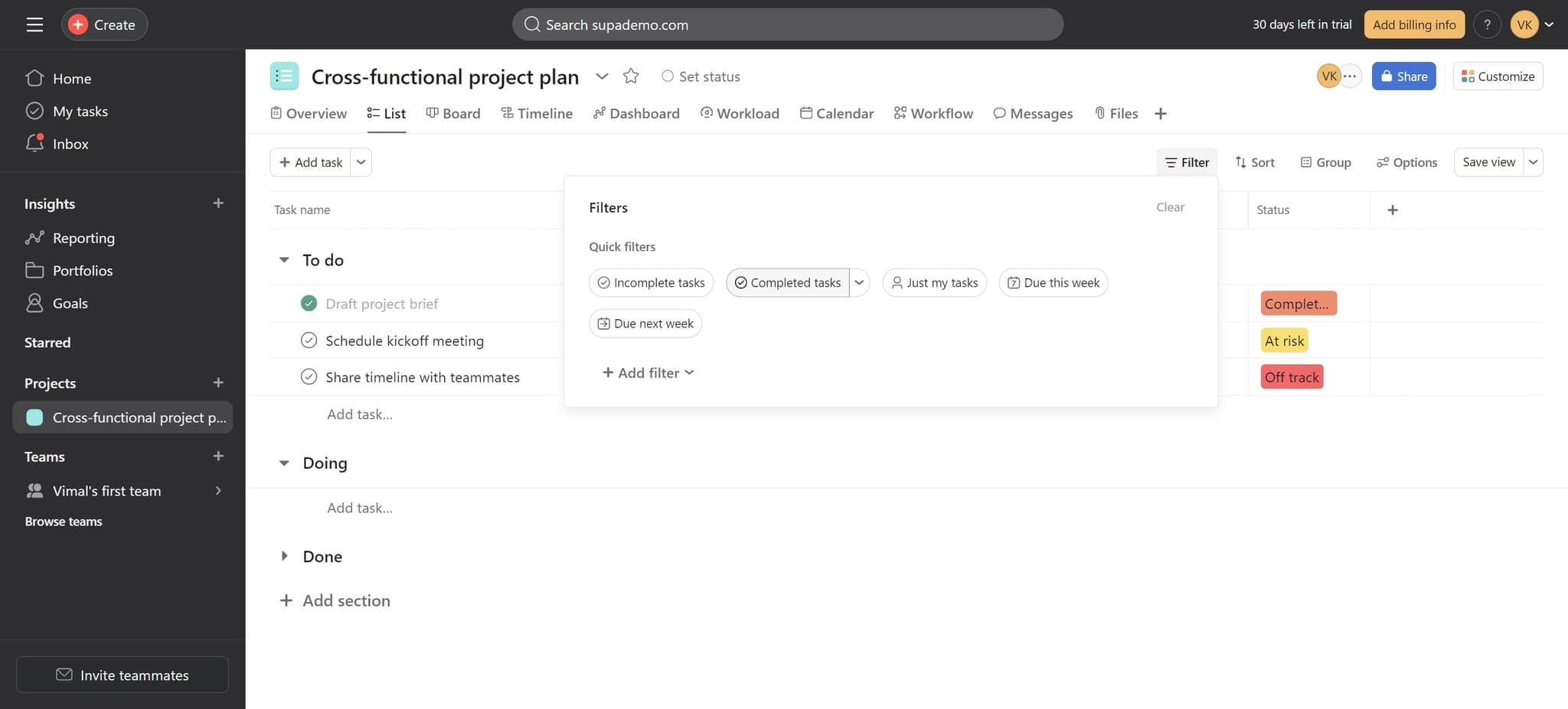 Toggle off Completed tasks