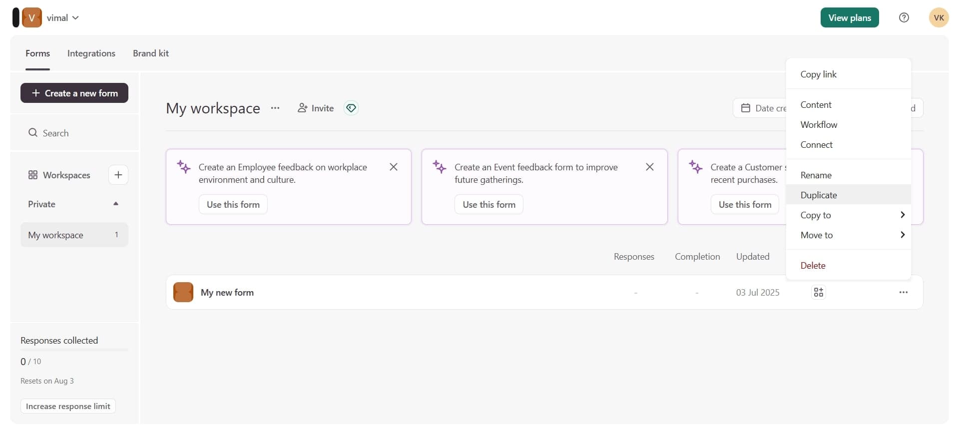 Open form options menu