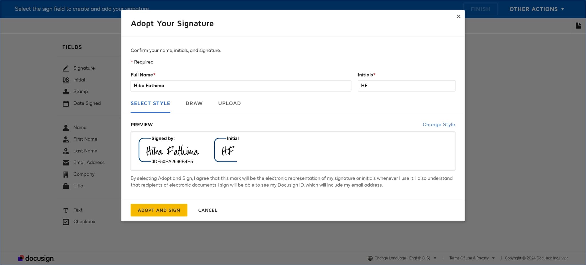Click on Adopt and Sign