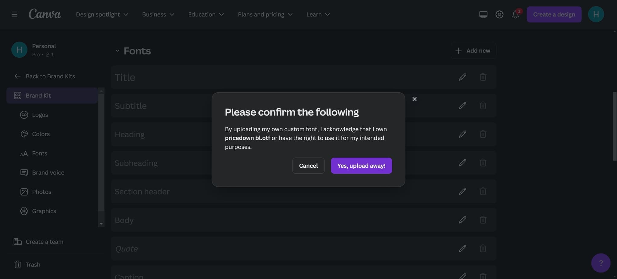 Confirm Font Upload