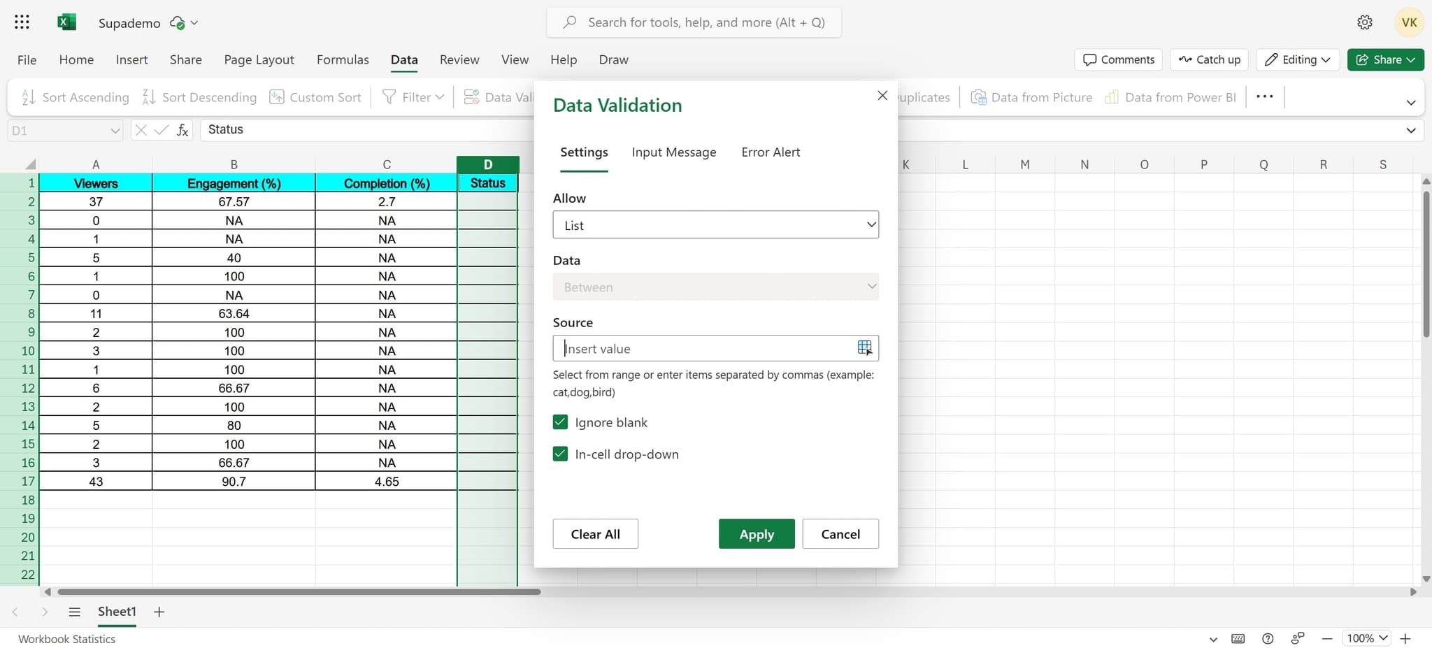 Enter your list values